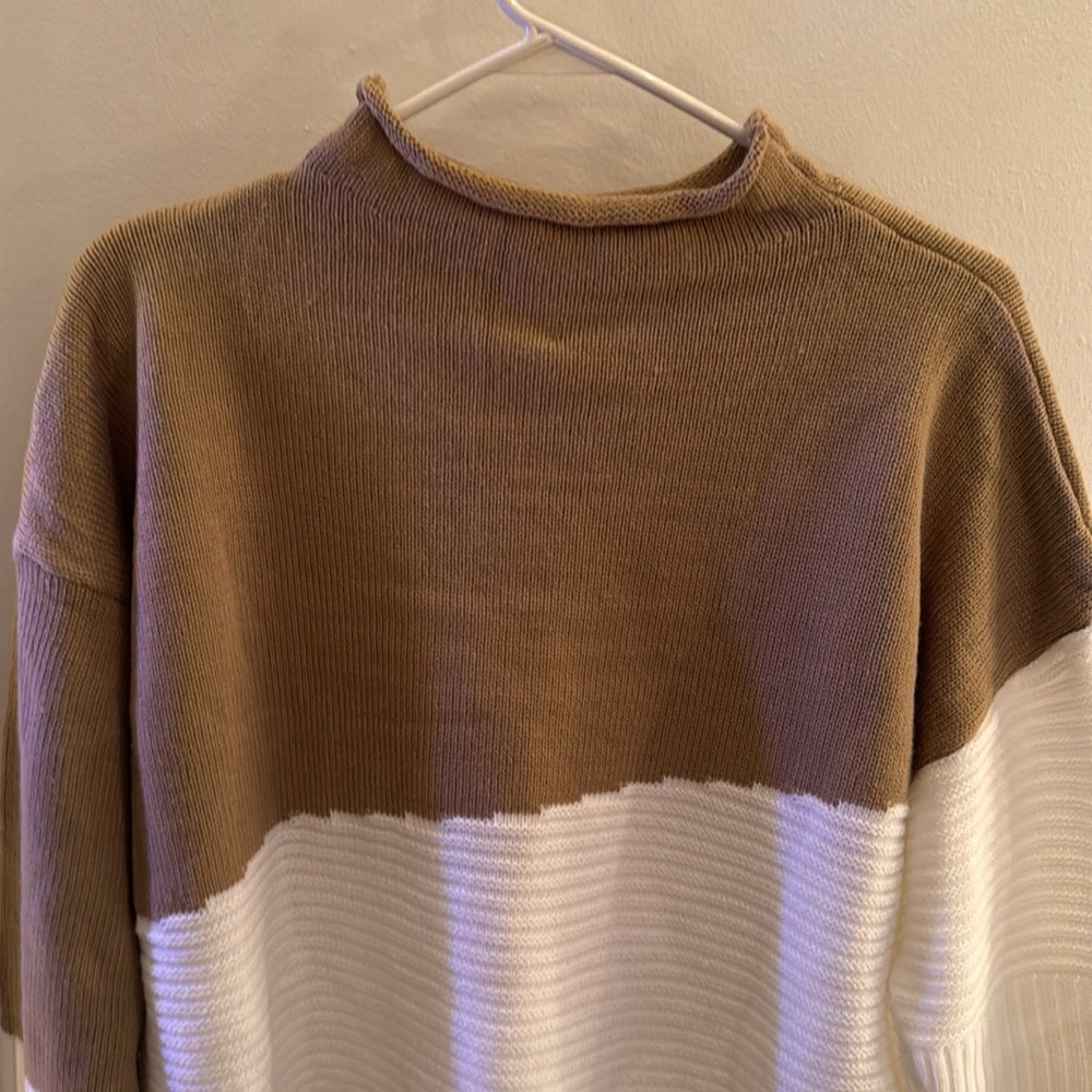 Tan And Cream Color Block, Mock Turtleneck Sweate… - image 3